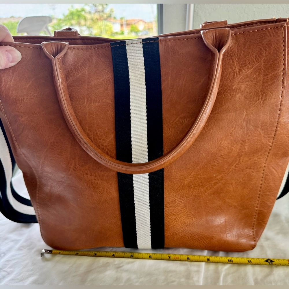 Social Threads x Motherchic Camel Stripe Tote Bag Convertible Crossbody Satchel - Picture 10 of 16